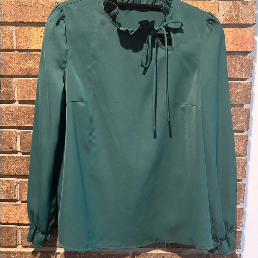 Elegant Teal Blouse with Ruffle Neck